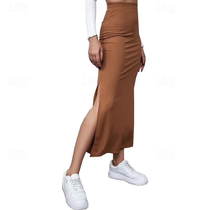 Dames Rok Casual Maxi Medium taille Rokken Effen Gespleten punten Micro-elastisch Vakantie Straat Zwart Rood Licht Bruin Bruin Zomer Polyester 2025 - $17.99 –P18