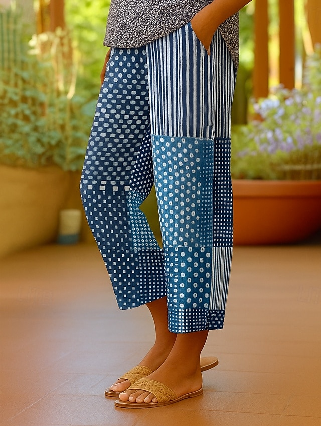 Dame kinesisk Shorts Avskårede bukser Elegant Ferie Årgang Ankel-lengde Høy Midje Blomstret Grafisk Stripet Multi Layer Uelastisk utendørs Gate Daglig Sjø blå Blå Sommer Vår Normal 2025 - $32.99 –P2