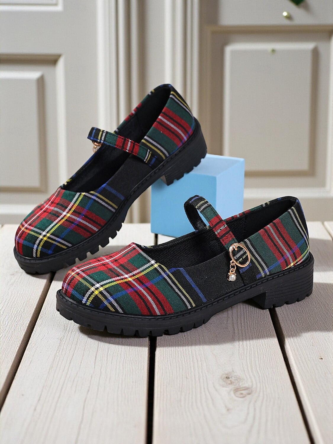 Women's Red Plaid Mary Jane Flats - Chunky Sole Tartan Shoes with Buckle Strap, Casual School Style for Teens and Fall Outfits 2025 - $19.99 –P1