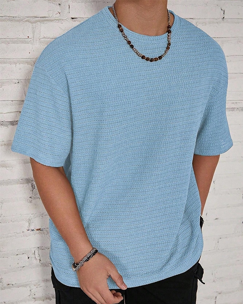 Homme T-shirt Chemise à manches courtes Manche Courte Col ras du cou Été Uni Mode Designer Basique Jacquard Vacances Rue Sortir Noir Blanche Kaki T-shirt haut de gamme pour homme de 2025 ? $14.49 –P7