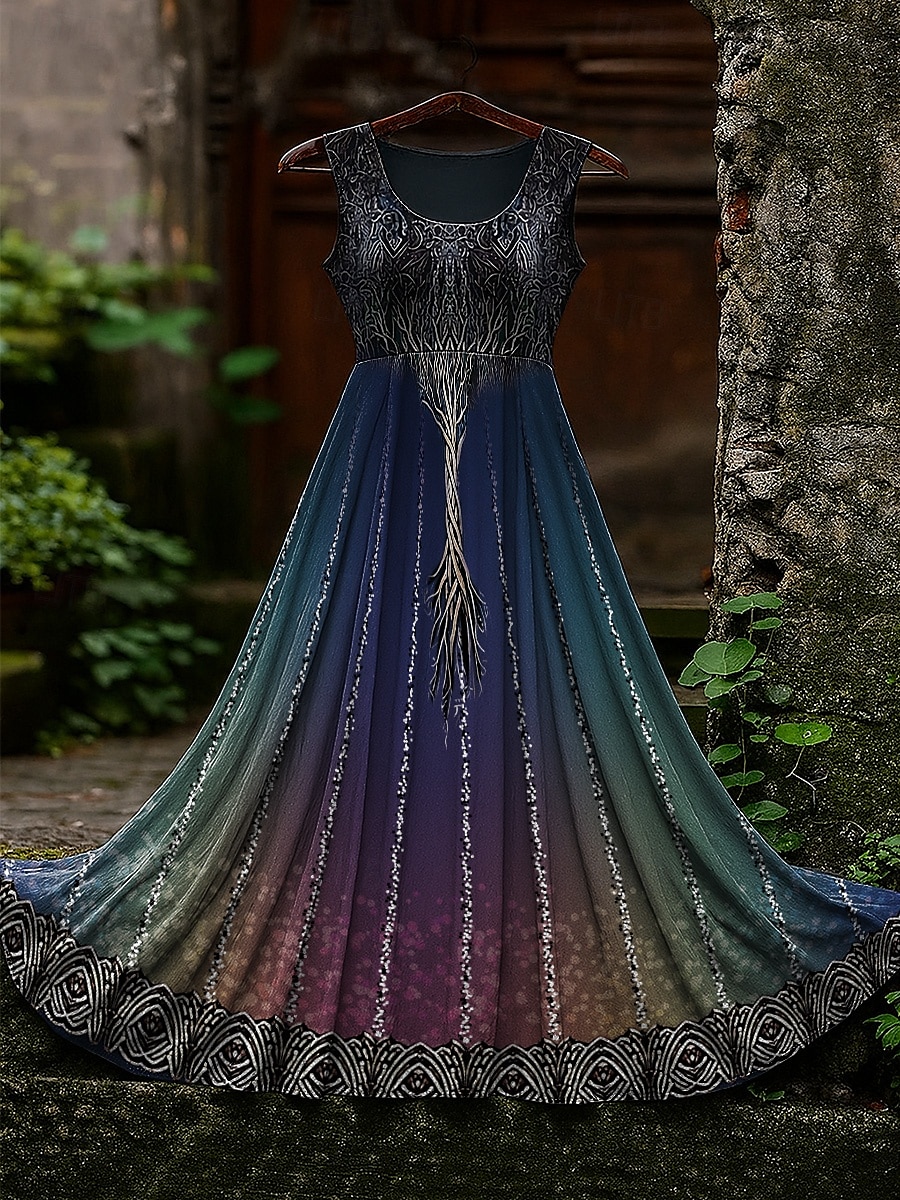 Robe longue vintage viking celtique à motif dégradé pour femme, robe d'été, robe trapèze, robe nuisette, robe plissée, vacances, décontractée, bohème, plage, coupe classique, graphique, sans manches, de 2025 ? $24.99 –P2