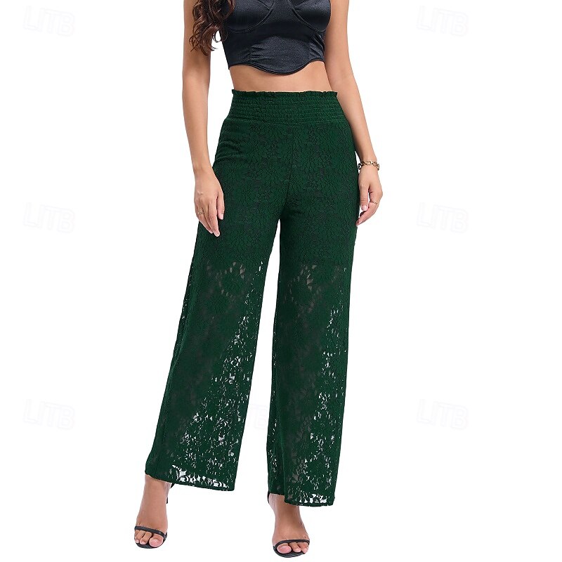 Femmes Jambe large Slacks Streetwear Occasionnel Longueur complète Naturel Uni Dentelle Patchwork Taille Élastique Confortable Fête Sortir Vert translucide Noir Blanche Bleu de minuit Automne Coupe de 2025 ? $16.99 –P16