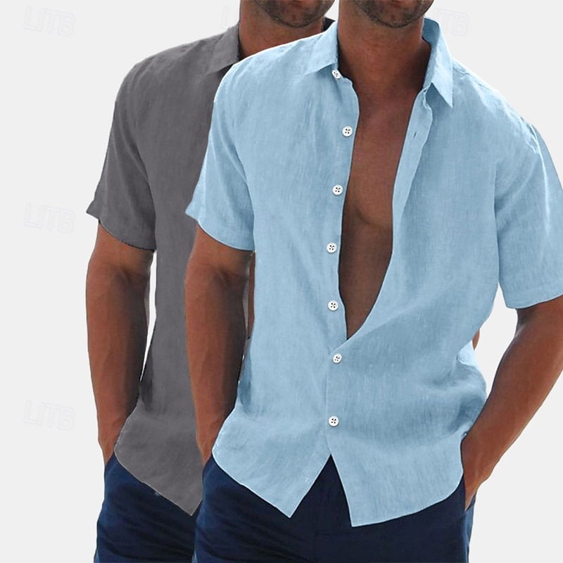 Herren Leinenhemd Sommerhemd Strandbekleidung Knopfhemd Hemden zum Herausstecken Einfarbig Urlaub Kreuzfahrt Grün + grau Weiß + Khaki Khaki + Schwarz Grün+Khaki Kurzarm Umlegekragen Sommer Bekleidung 2025 - $27.99 –P13