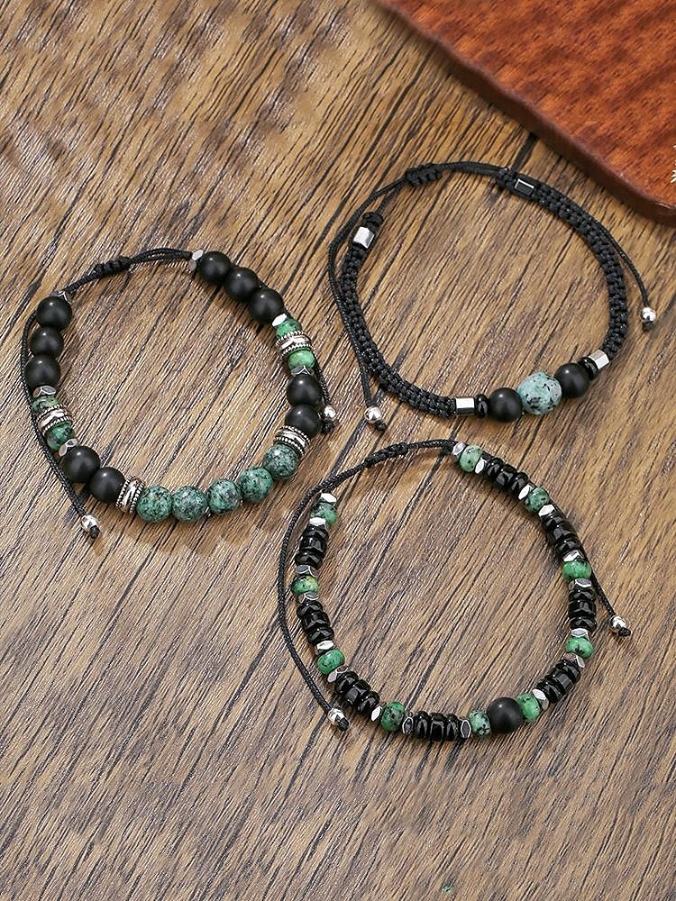Men’s Green Stone Beaded Bracelet Set – 3-Piece Adjustable Natural Stone & Alloy Wristbands for Boho Style, Ideal for Daily Wear, Gifts and Festivals 2025 - $11.99 –P4