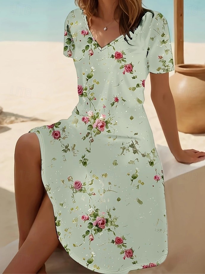 Damen Minikleid T-Shirt-Kleid Sommerkleid A Linie Kleid Urlaub Lässig Boho Ausgehen Strand Normale Passform Blumen Grafik Kurzarm V Ausschnitt Schwarz Hellgrün Blau Grün Sommer Frühling 2025 - $23.99 –P1