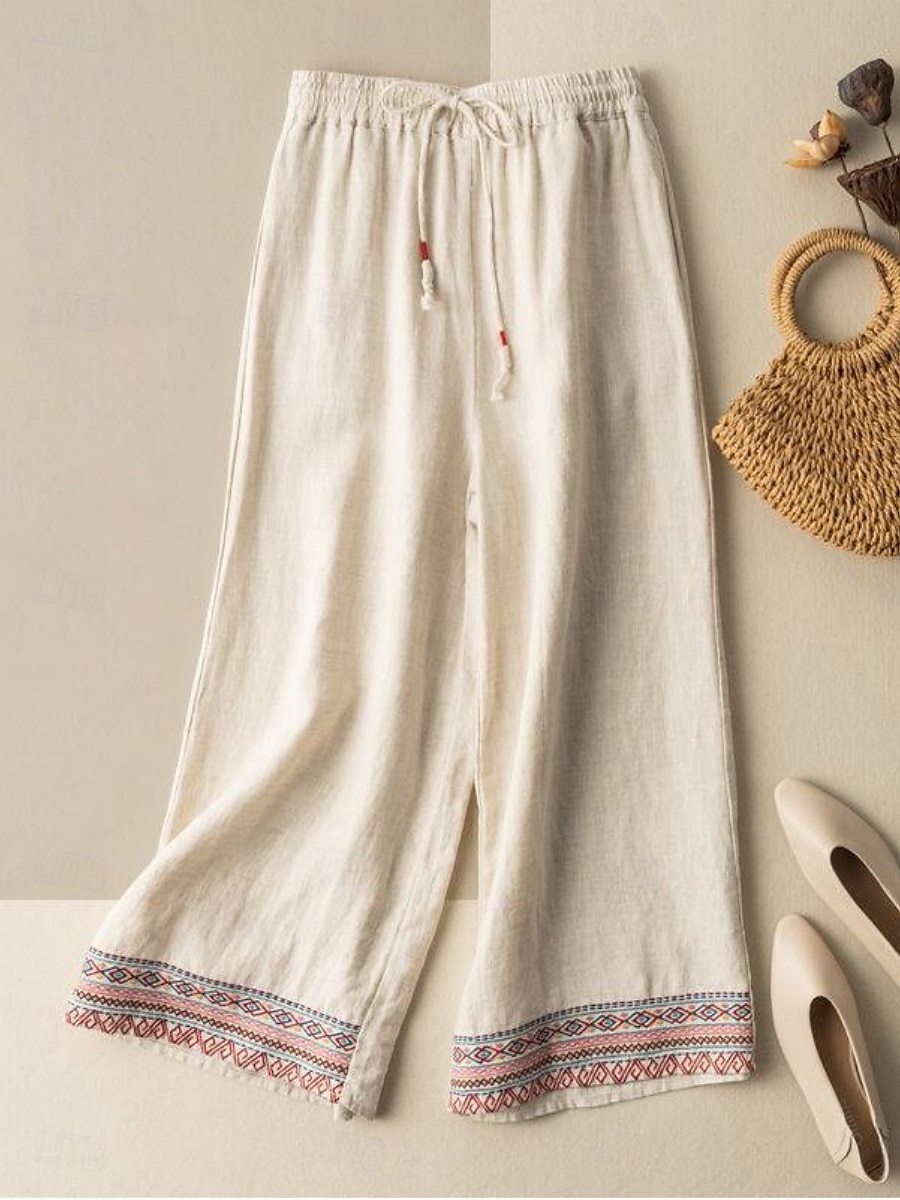 Per donna Pantaloni in cotone e lino Chinos Pantaloni Moda Stile Etnico Essenziale Lunghezza intera Vita Alta Floreale Ricamato Tasca Coulisse Comodità All'aperto Micro-elastico Vacanza Streetwear del 2025 a $23.99 –P2