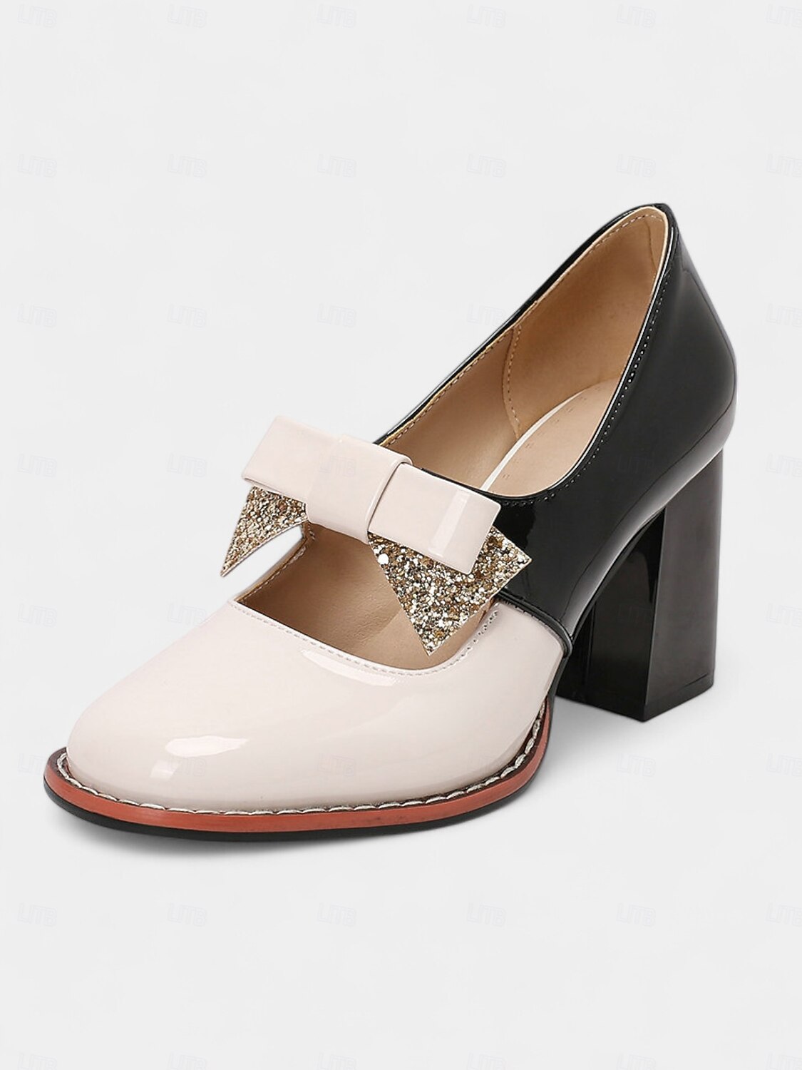 Svarte og hvite blokkhæler i lakkskinn til dame – Mary Jane-pumps i  mod-stil fra 1950-tallet med glittersløyfe for damer og tenåringer, ideelle  for fester, cosplay og retroantrekk 2025 - GBP £39, image size:1125x1500
