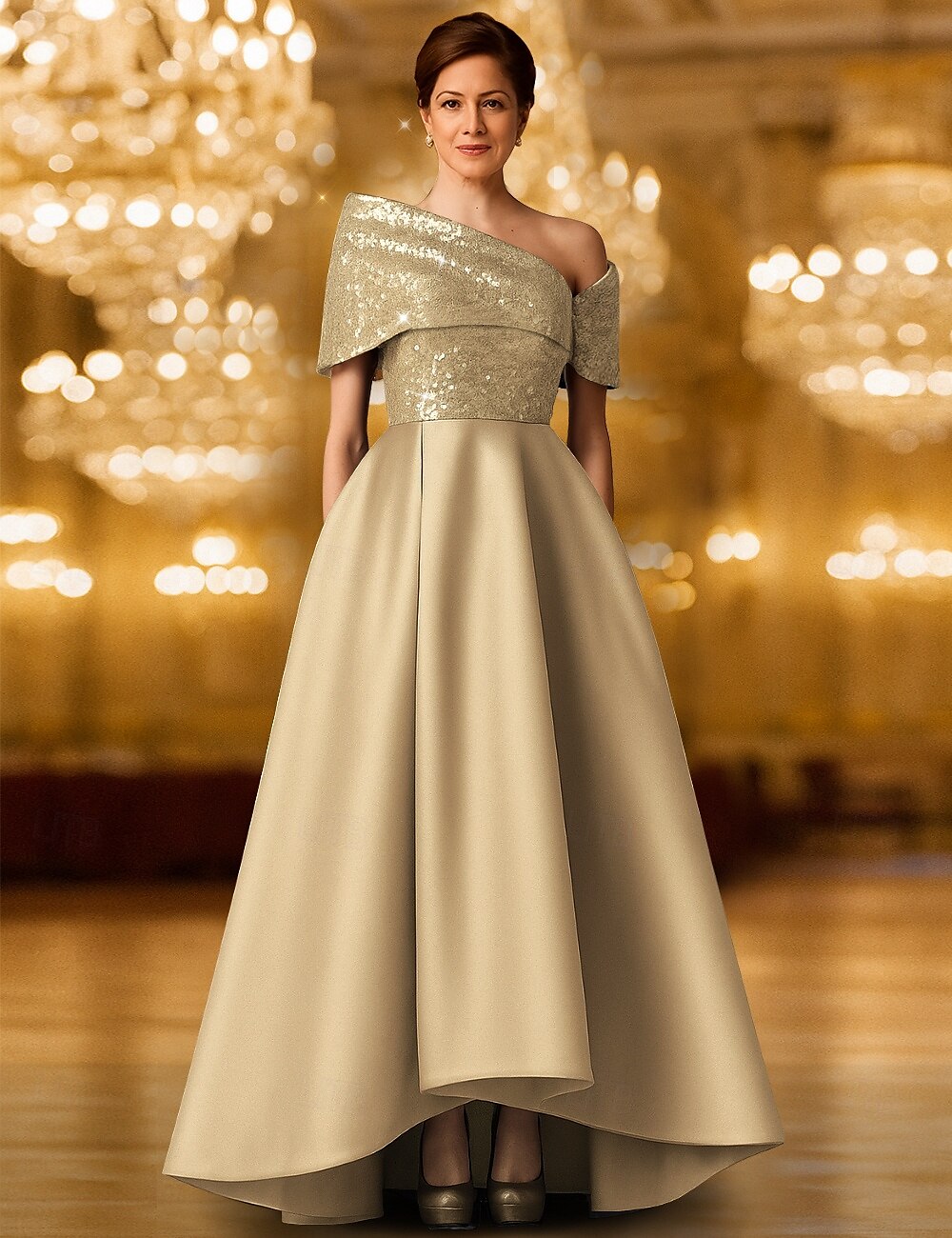 Robe de soirée trapèze à paillettes et cravate noire, élégante, longueur au sol, manches courtes, une épaule, poche, satin extensible avec châle pailleté, 2025 de 2025 ? $142.99 –P1