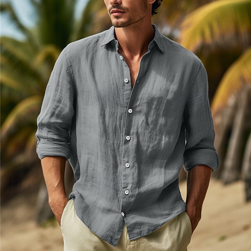 Men's Shirt Cotton Linen Shirt Summer Shirt Beach Wear Button Up Shirt Plain Vacation Curise Black White Pink Navy Blue Long Sleeve Lapel Spring & Summer Clothing Apparel 2025 - $23.99 –P5