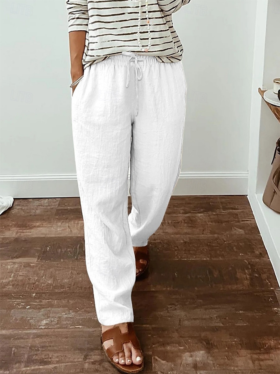 Mulheres Calças de linho de algodão Calças Roupa de rua Casual Longas Cintura Alta Tecido Bolsos Design de cordão elástico Corte alto Respirabilidade Macio Micro-Elástica Rua Roupa Diária Preto de 2025 por $24.99 –P5