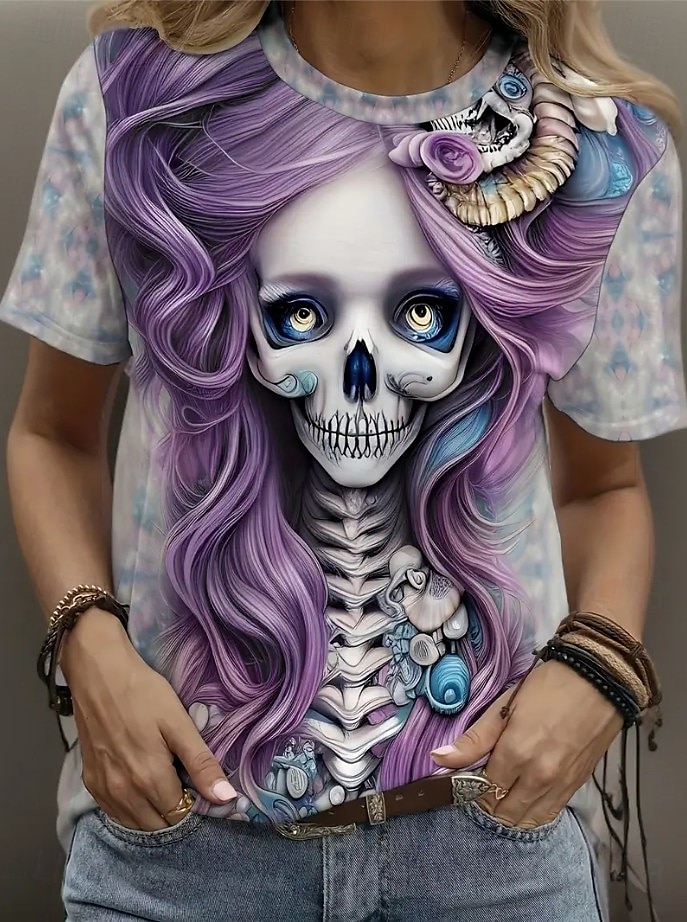 Halloween Femmes T-shirt Fleuri Graphique Crâne ancien Élégant Classique Manche Courte Col ras du cou Col rond Hauts Réguliers Quotidien Week-end Imprimé Noir Violet Gris Été Automne de 2025 ? $19.99 –P4