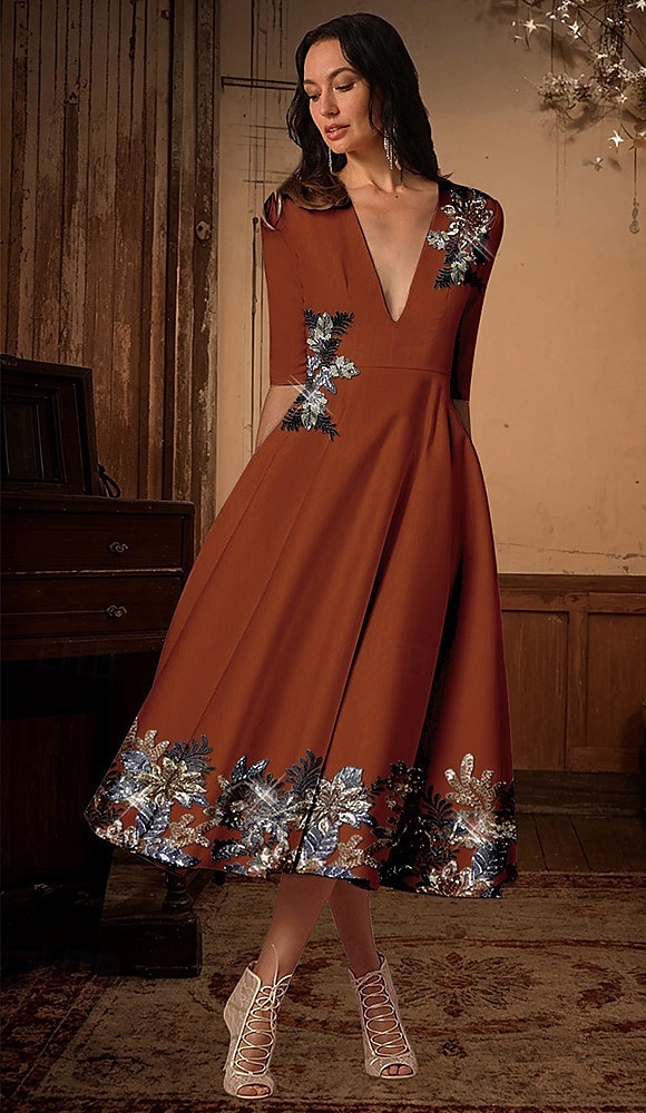 A-Line Tea Length Beaded Eembroidered Formal Dresses Mother of the Bride Dress  Cocktail Dresses Party Dresses Elegant 3/4 Length Sleeve V Neck Garden Party  Wedding Satin with Beading 2026 - $169.99