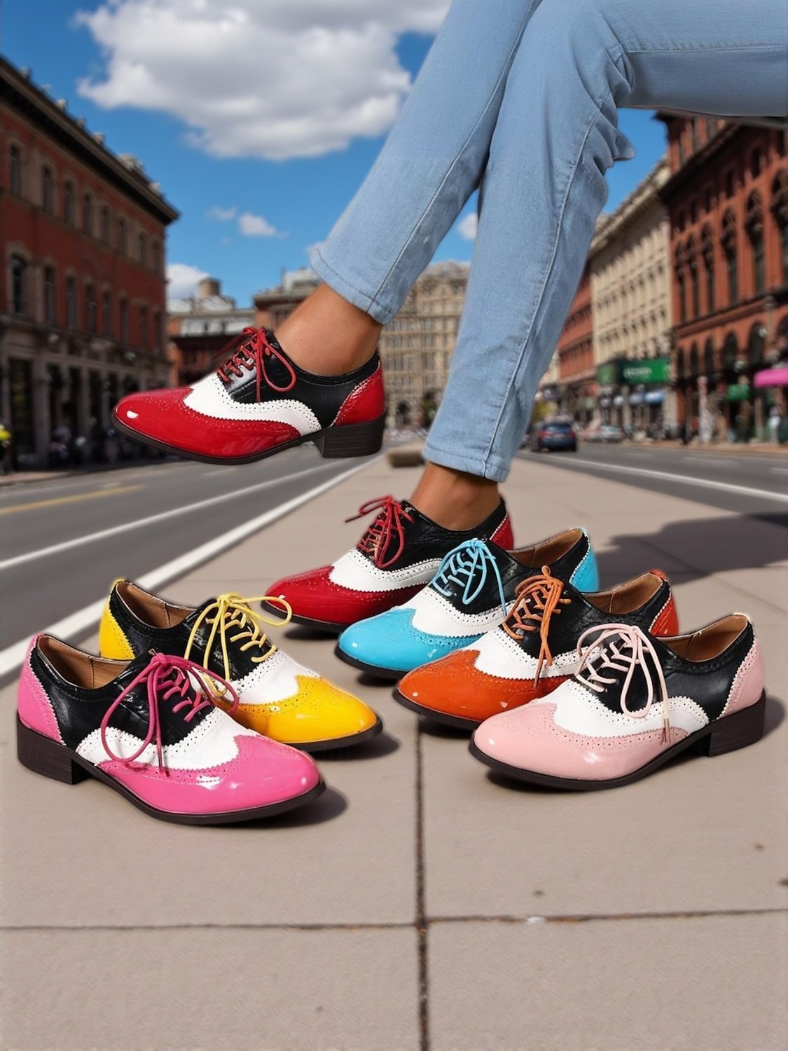 Richelieus Oxford en cuir verni jaune pour femme – Chaussures habillées à lacets et bout golf colorblock, style vintage britannique des années 1950 pour le bureau, l'école et le streetwear de 2025 ? $42.99 –P1