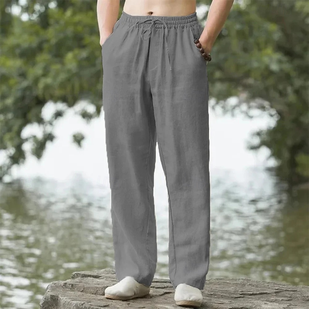 Homens Calças de linho Calças Calça verão Calças largas Cintura elástica Com Cordão Perna reta Tecido Conforto Respirável Comprimento total Ao ar livre Casual Diário Moda Estilo Clássico Preto Branco de 2025 por $20.99 –P5