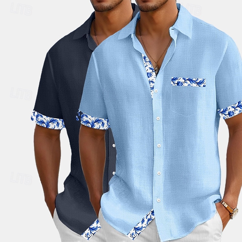 Hombre Camisa Camisa de lino Camisa de verano Camisa de playa Abotonar la camisa Flores Vacaciones Festivos Blanco + Rosa Blanco+Azul Marino Rosa + Azul Marino Azul+Azul Marino Manga Corta Cuello 2025 - $27.99 –P8