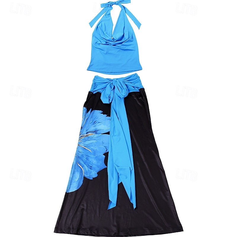 Femmes Élégant Vacances ancien Jupe Ensembles Sans manches Décolleté plongeant Fleuri Graphique À lacets Froncé Imprimé Vacances Soirée Sortir Bleu Été Coupe régulière de 2025 ? $37.99 –P4