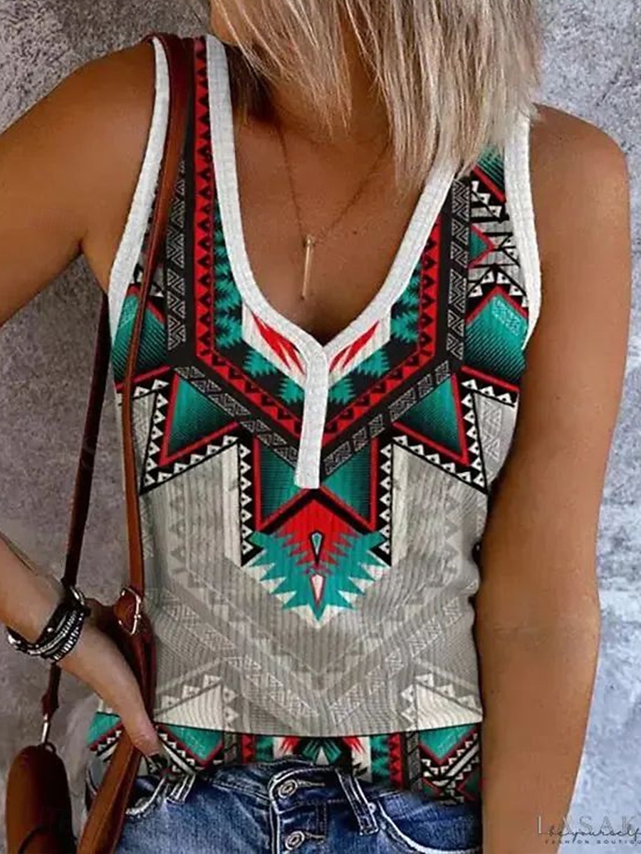 Femmes Débardeur caraco Graphique ancien Élégant Ethnique Sans manches Col en V Hauts Réguliers Quotidien Imprimé Rouge Bleu Vert Beige Été Printemps de 2025 ? $17.99 –P4