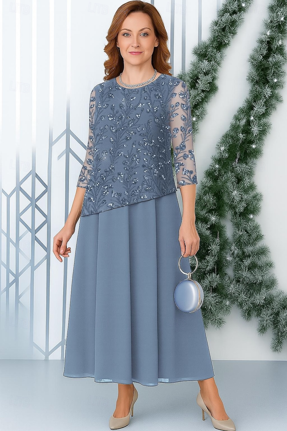 Helmipitsi A-linjainen morsiamen äidin mekko elegantti ponchotyylinen yksinkertainen minimalistinen venekaulus lattiamittainen sifonki helmillä koristeltu pitsi 3/4-hihat 2025 2025 - $139.99 –P4