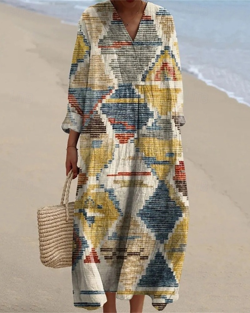 Femmes Robe Midi Robe Décontractée Robe Imprimée Mode Moderne Quotidien Plage Week-end Coupe régulière Fleuri manche longue Col en V Noir Jaune Vert Printemps Automne de 2025 ? $24.99 –P3