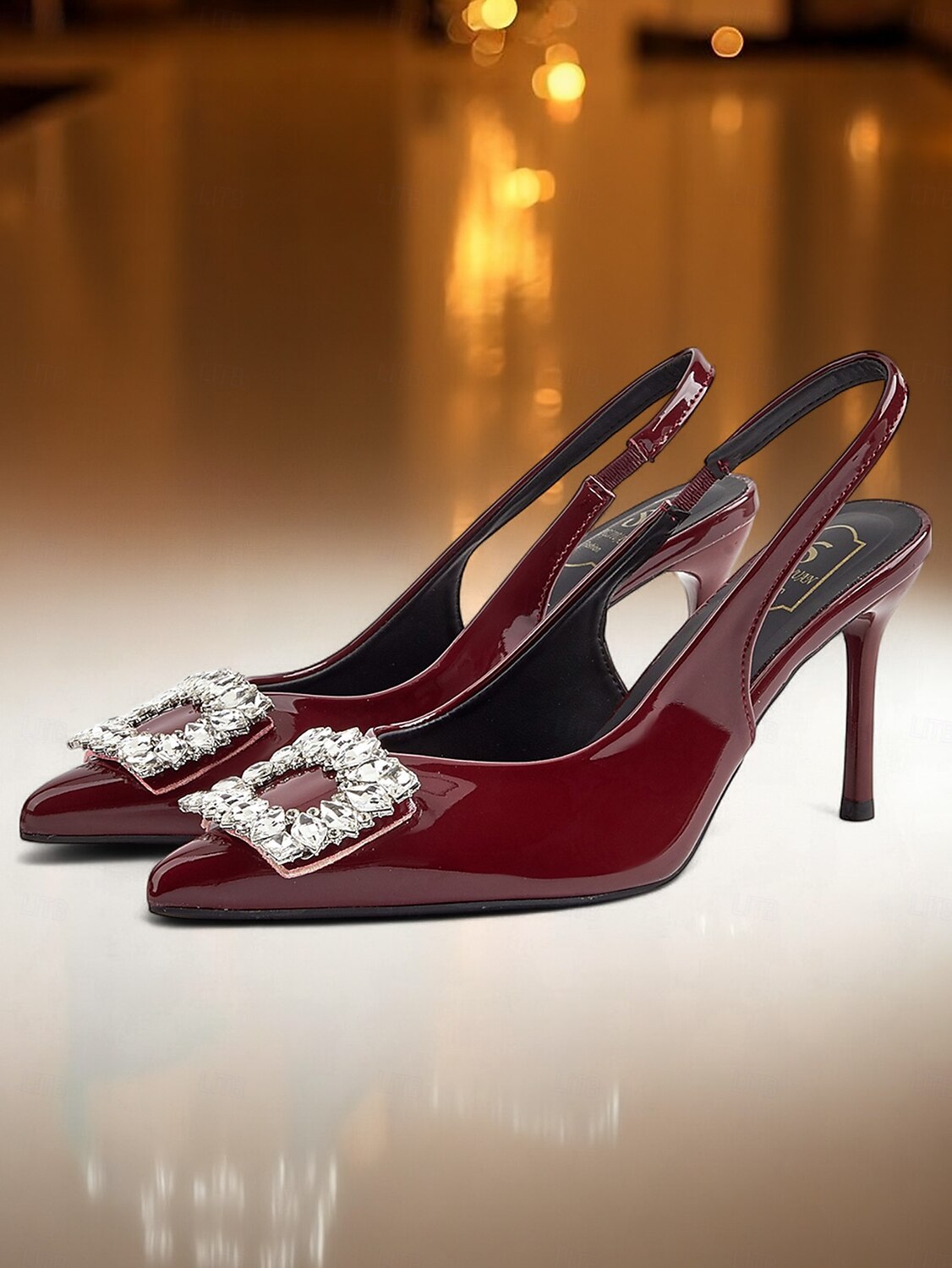 Scarpe con tacco a spillo in vernice bordeaux da donna con cinturino posteriore - stiletti a punta con fibbia in cristallo per eventi formali e cocktail party del 2025 a $32.99 –P6