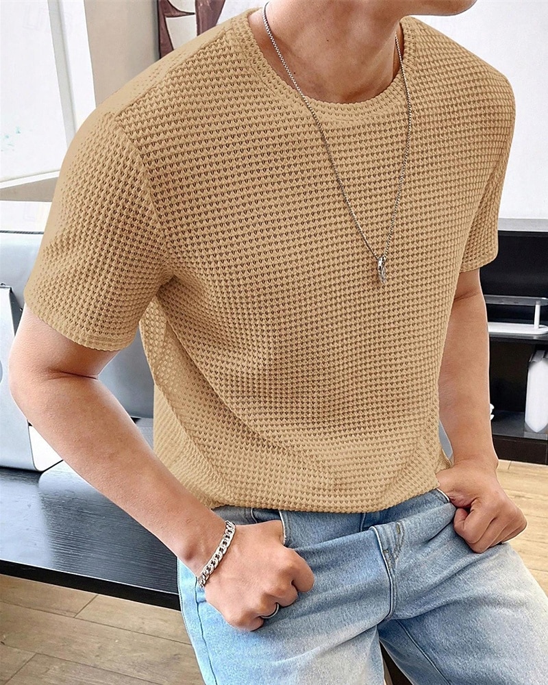 Homme T-shirt gaufré T-shirt Chemise à manches courtes Manche Courte Col ras du cou Été Uni Mode Designer Basique Jacquard Vacances Rue Sortir Rose Claire Kaki Café T-shirt haut de gamme pour homme de 2026 ? $18.49 –P4