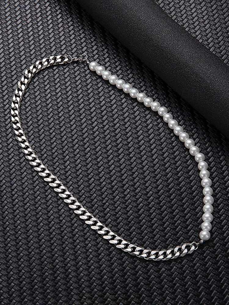 męski zestaw biżuterii z pereł i łańcuszków – modny naszyjnik i bransoletka z pół perły, pół metalu na styl uliczny, hip-hopowy i imprezowy 2026 - $9.99 –P7
