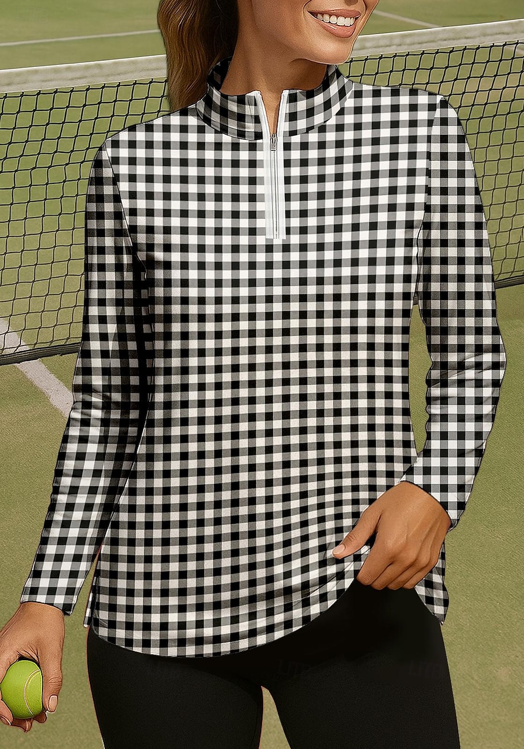 בגדי ריקוד נשים משובץ מְשׁוּבָּץ חולצה חולצת ספורט חולצת POLO חולצת טניס שרוול ארוך רוכסן פרחוני UPF50+ עמידות UV גמישות גבוהה פתילת לחות נושם כדור עף טניס גולף צווארון גבוה עומד חולצה סווטשירט שחור 2026 - $25.99 –P3