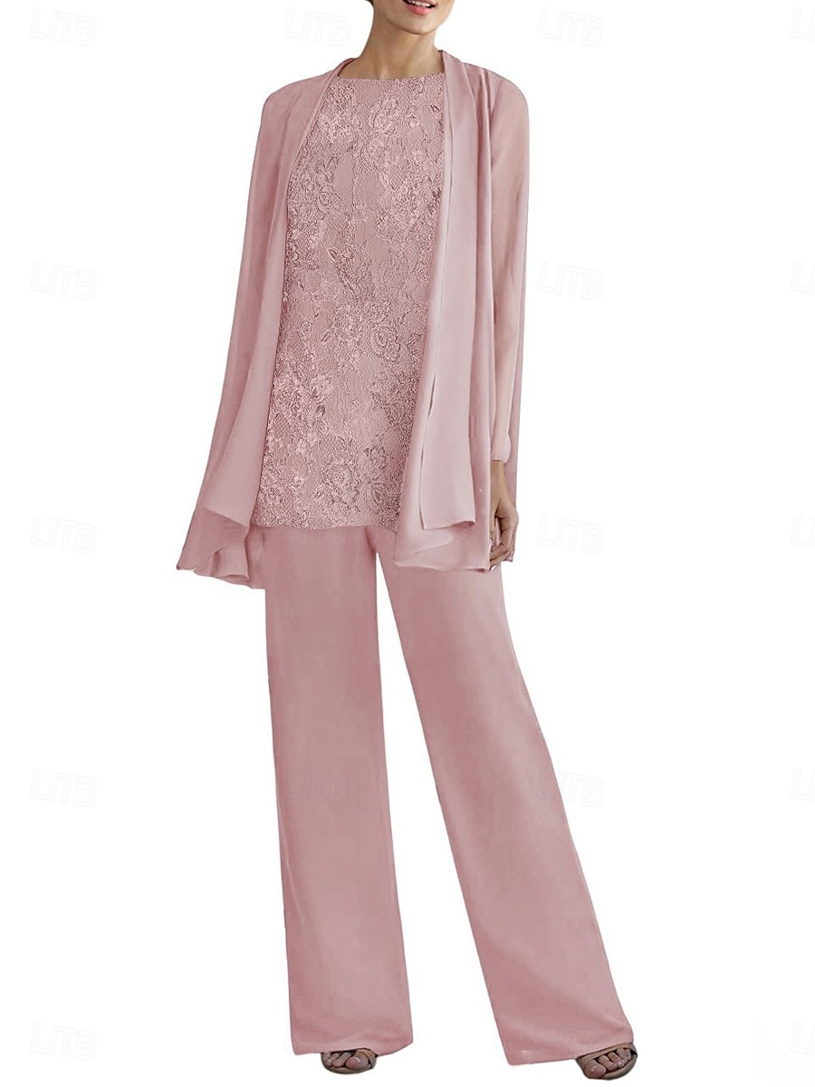 Tailleur-pantalon trois pièces robe mère de la mariée élégante col rond longueur sol polyester manches longues avec perles de 2025 ? $99.99 –P8
