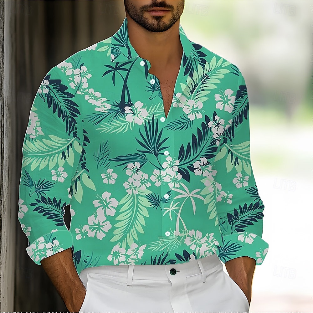 Pánské Tropické květiny Palmový list Košile Havajská košile Košile na knoflíky Dlouhý rukáv Havajské Dovolená Streetwear Léto Jaro Přehnutý 3D tisk košile s límečkem Vodní modrá Trávová zelená Světle 2025 - $25.99 –P3