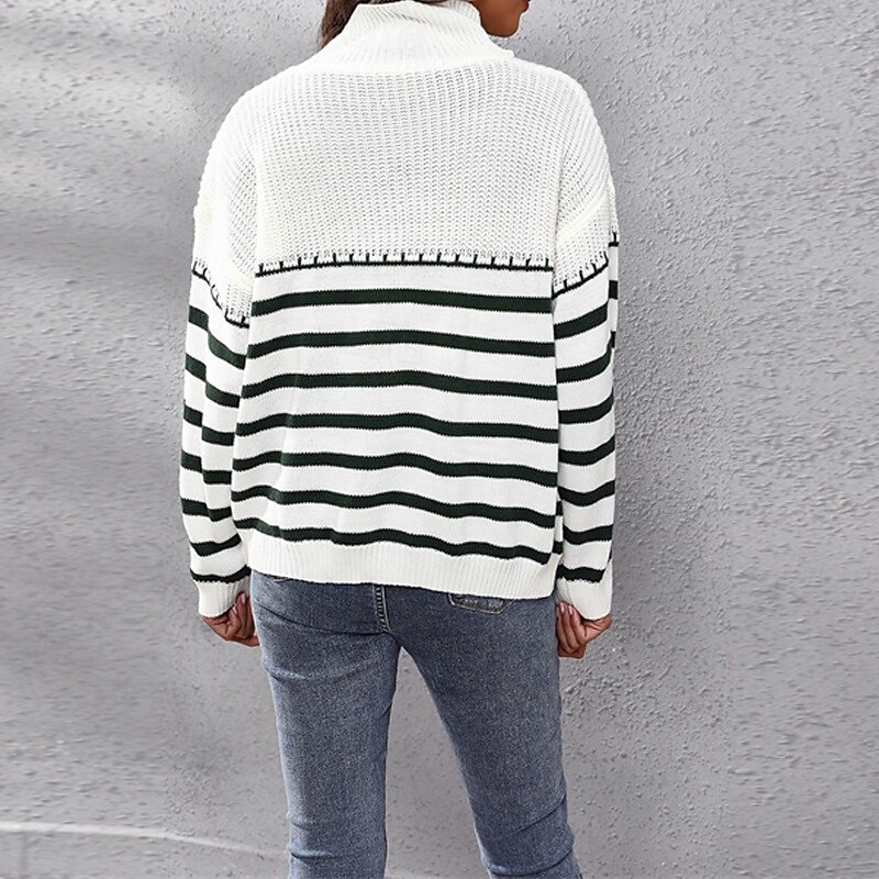 Women's Pullover Casual Striped Chunky Turtleneck Knitted Long Sleeve Regular Tops Knit Daily Holiday Going out White Fall Winter 2025 - $23.99 –P4