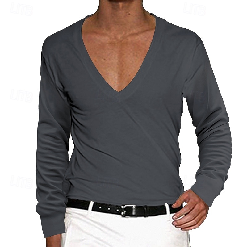 Herren T Shirt T-Shirt Langarm V Ausschnitt Sommer Einfarbig Einfach Mode Designer Basic Tiefes V Basic Urlaub Straße Lässig Schwarz Weiß Rot Top T-Shirt für Herren 2025 - $16.49 –P7