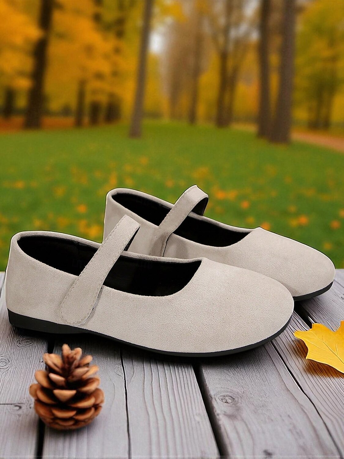 Beige Mary-Jane-Ballerinas mit weiter Spitze für Damen – bequeme Schuhe aus weichem Wildlederimitat für Freizeitausflüge, Spaziergänge im Garten und den Alltag 2025 - $19.99 –P2