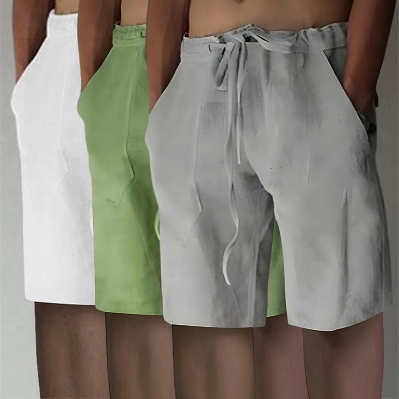 Men's Shorts Linen Shorts Summer Shorts Beach Shorts Elastic Waist Drawstring Front Pocket Plain Comfort Soft Knee Length Casual Daily Vacation Fashion White+Black+Gray black+khaki+blue Inelastic 2025 - $25.99 –P9