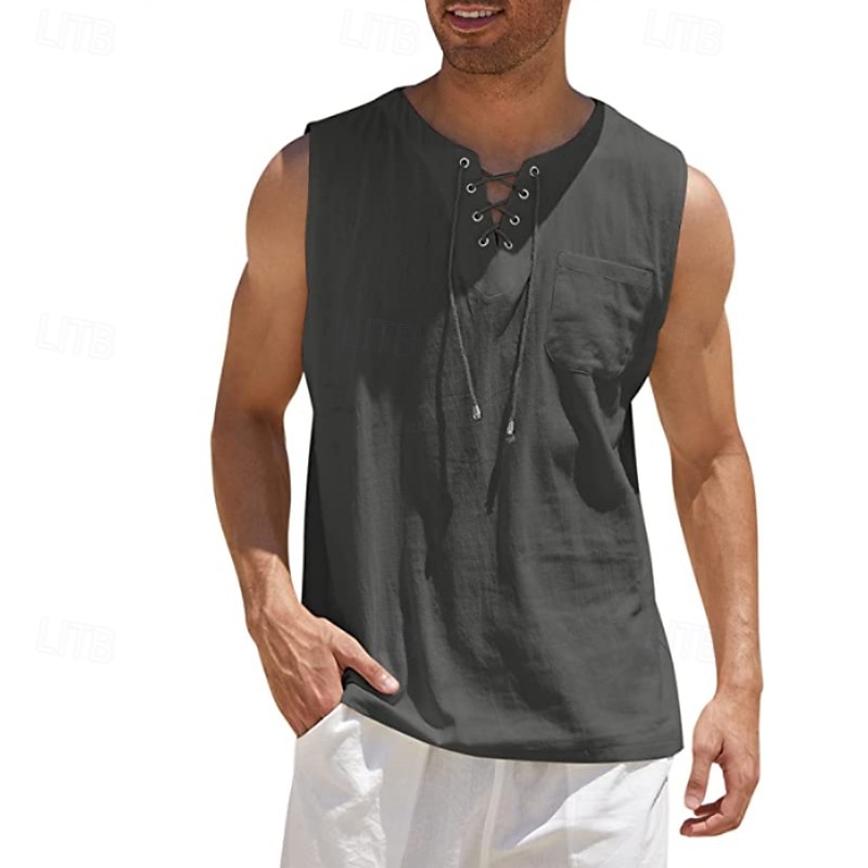 Per uomo Camicia Camicia di lino Camicia popover Camicia Estiva Abbigliamento da spiaggia Maglietta senza maniche Tinta unica Vacanza Streetwear Nero Bianco Blu marino Azzurro cielo Senza Maniche del 2025 a $19.99 –P12