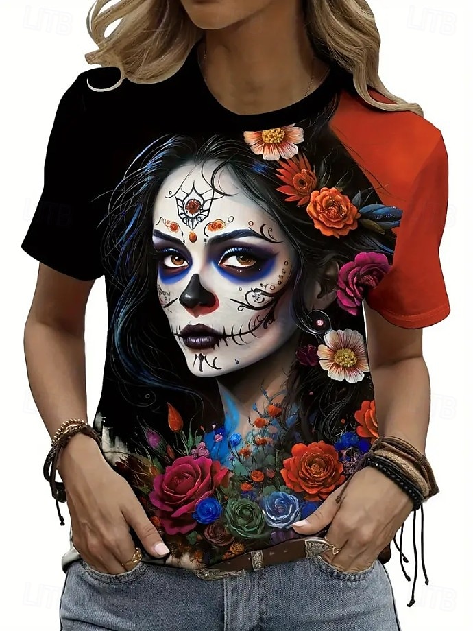 Halloween Femmes T-shirt Fleuri Graphique Crâne ancien Élégant Classique Manche Courte Col ras du cou Col rond Hauts Réguliers Quotidien Week-end Imprimé Noir Violet Gris Été Automne de 2025 ? $19.99 –P7