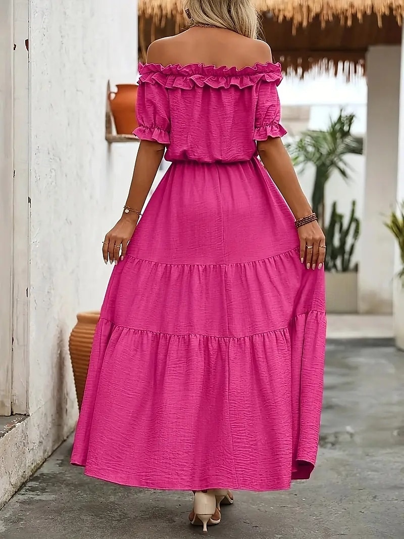 Damen Langes Kleid Maxikleid Schwingkleid Sommerkleid Elegant Ausgehen Sommerkleid Normale Passform Einfarbig Kurzarm Schulterfrei Schwarz Rote Rosenrot Aprikose Sommer 2025 - $24.99 –P6