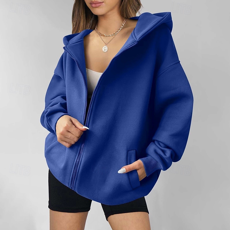 Dames Hoodies met rits Effen Casual Lange mouw Capuchon Normale tops Straat Feestdagen Uitgaan Vetoketju Zak blauw Bruin Licht Grijs Herfst Winter 2025 - $25.99 –P3