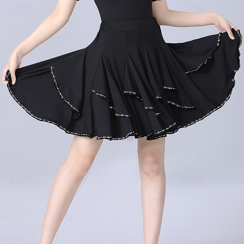 Lateinischer Ballsaal-Übungsrock für Damen – Cha-Cha/Rumba/Jitterbug-Dreischritt-Tanz-Halbrock, ausgestellte Rüschen für Square Dance & Bühne 2025 - $36.99 –P1