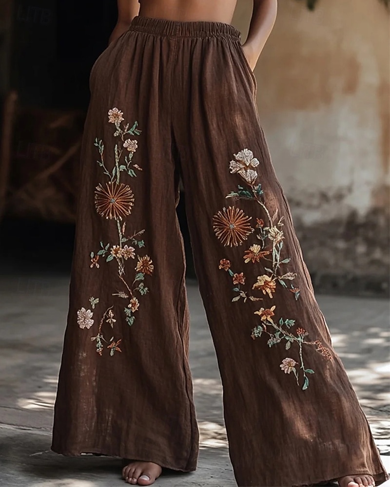 Women's Wide Leg Pants Trousers Palazzo Pants Fashion Boho Full Length High Waist Flower Elastic Waist Print Breathability Comfortable Street Daily Wear Going out dark brown Coffee Spring Fall 2025 - $32.99 –P1