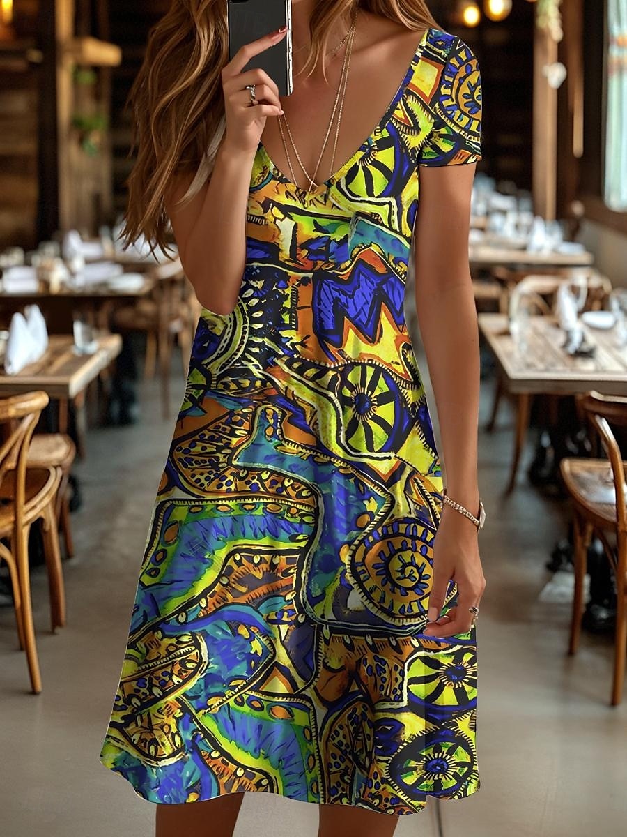 Damen Minikleid Strickkleid Freizeitkleid T-Shirt-Kleid Sommerkleid Elegant Urlaub Lässig Strand Normale Passform Grafik Geometrisch Abstrakt Kurzarm V Ausschnitt Gelb Blau Purpur Orange Sommer 2025 - $23.99 –P5