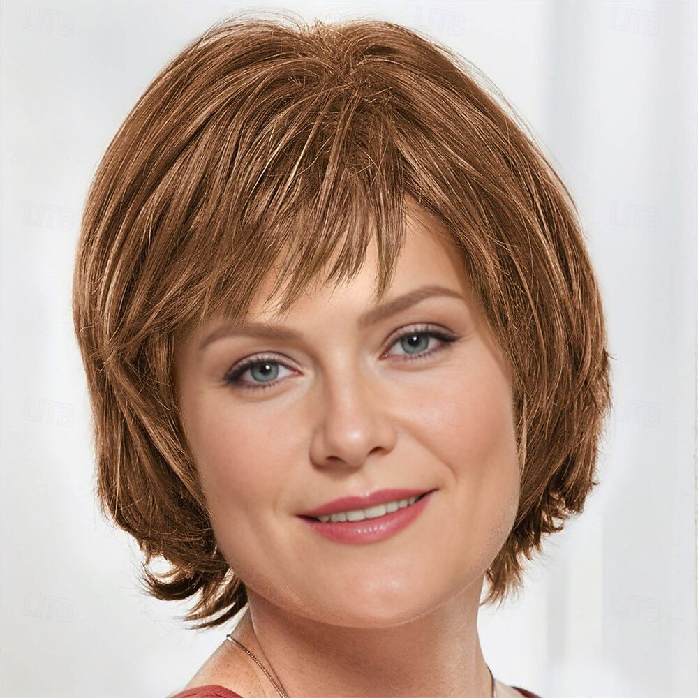 Meg Whisperlite Perücke, moderner mehrlagiger, seitlich gefegter Bob-Schnitt, gerader Stil mit gefiederten Enden / 30 mehrfarbige Schattierungen von Blond, Grau, Braun und Rot 2025 - $23.99 –P3