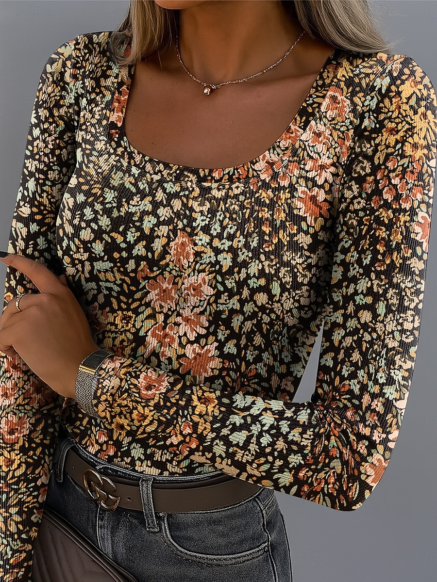 Camiseta para mujer de manga larga con gráfico de cuello cuadrado túnica de manga larga casual floral plantas vintage estilosa top regular wear diario estampado en negro blanco amarillo verde claro 2026 - $26.99 –P7