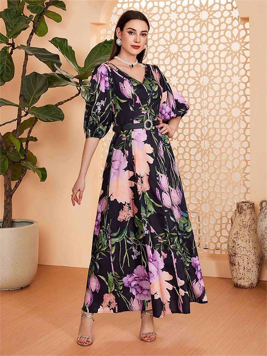 Linea ad A Abito da cerimonia per signora Elegante Scollo a V Lunghezza al pavimento Chiffon Mezza Manica con Fascia / Nastro Pieghe Fiore 2025 del 2025 a $119.99 –P5