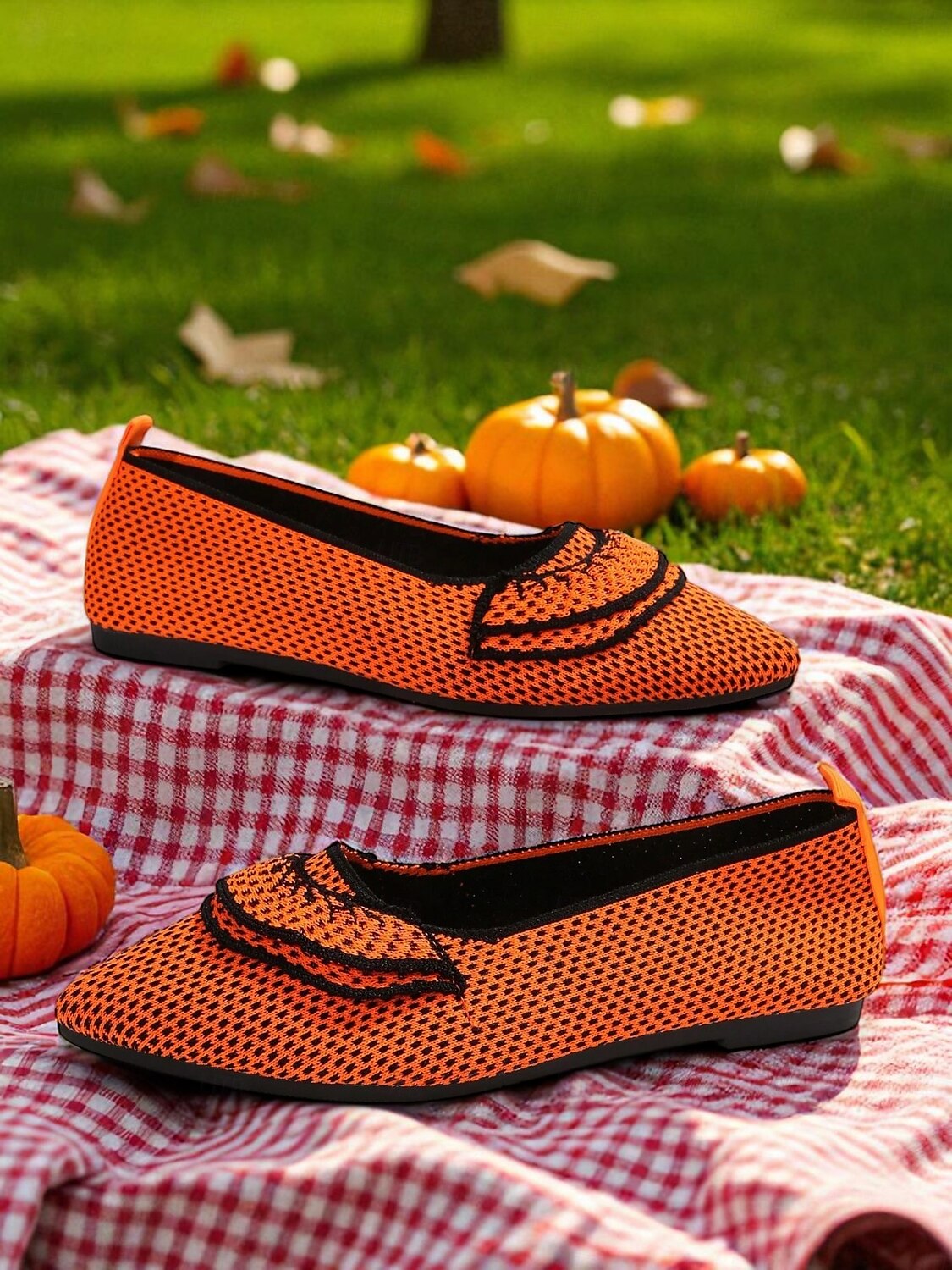 Orangefarbene Flyknit-Ballerinas für Damen – atmungsaktive Slipper mit spitzer Spitze und schwarzem Besatz für Halloween-Partys, Herbstpicknicks und den lässigen Alltag 2025 - $19.99 –P1
