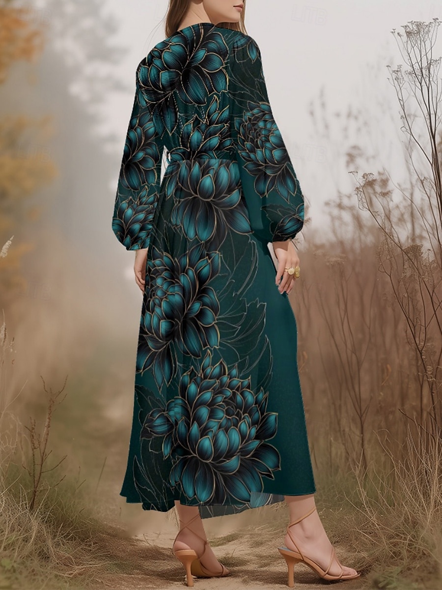 Pentru femei Rochii Midi Rochie casual Șifon Rochie leagăn Modern Vacanță Zilnic Sfârșit de săptămână Fit regulat Floral Frunză Manșon Lung În V Bleumarin Verde Închis Trifoi Albastru Închis Var 2025 - $31.99 –P2