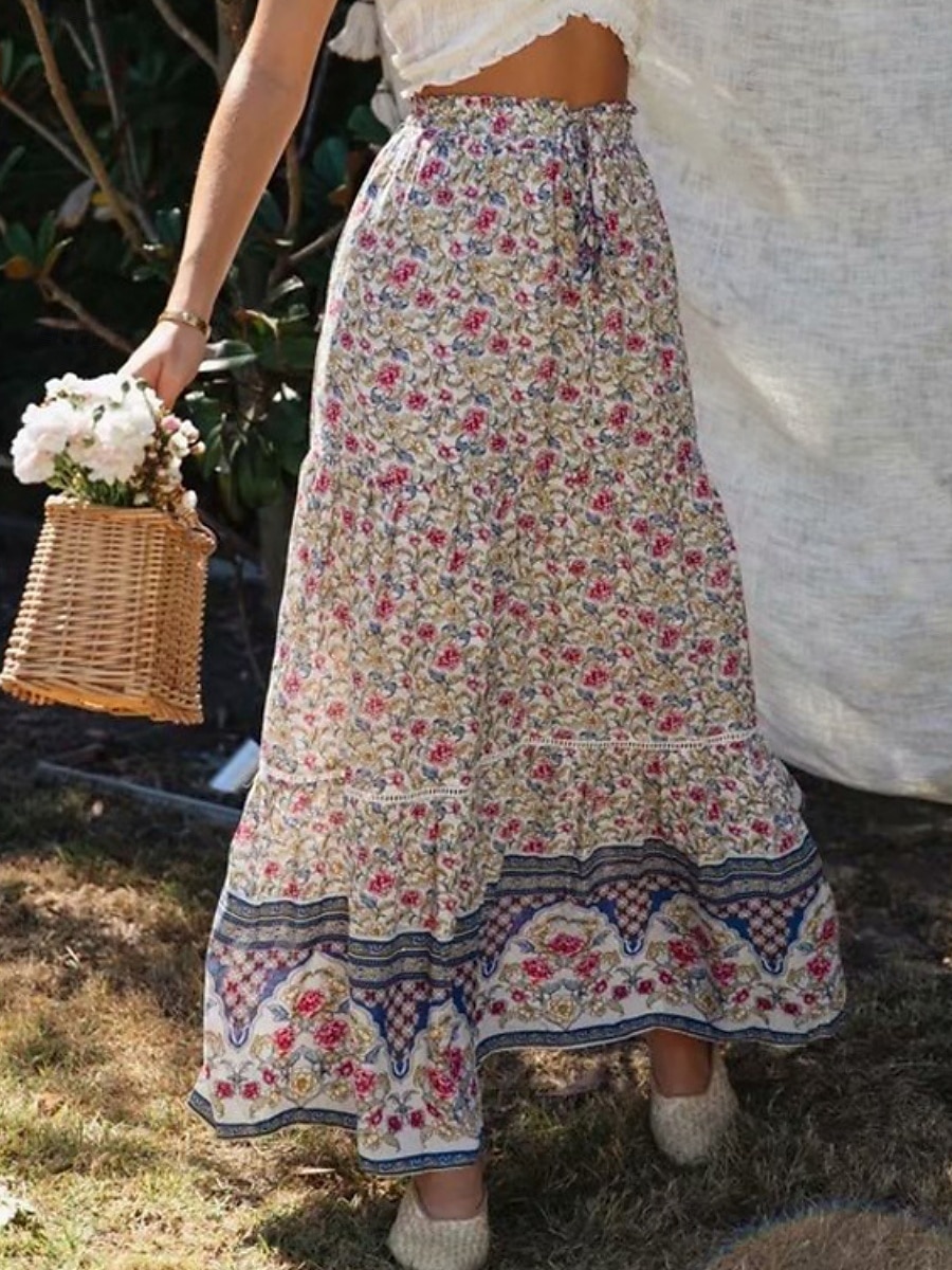 Mujer Falda Línea A Bohemia Casual Maxi Alta cintura Faldas Floral Estampado Microelástico Calle Diario Rojo Albaricoque Verano Poliéster Rayón 2025 - $28.99 –P5
