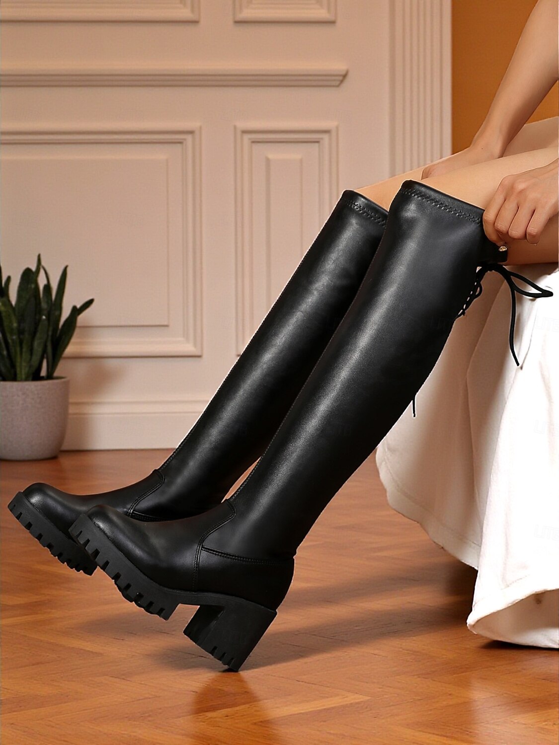 Femmes Bottes Extérieur Travail Quotidien Talon épais Bout Rond Mode Marche PU Mocassin Noir mat Lumineux Noir Noir de 2025 ? $34.99 –P4