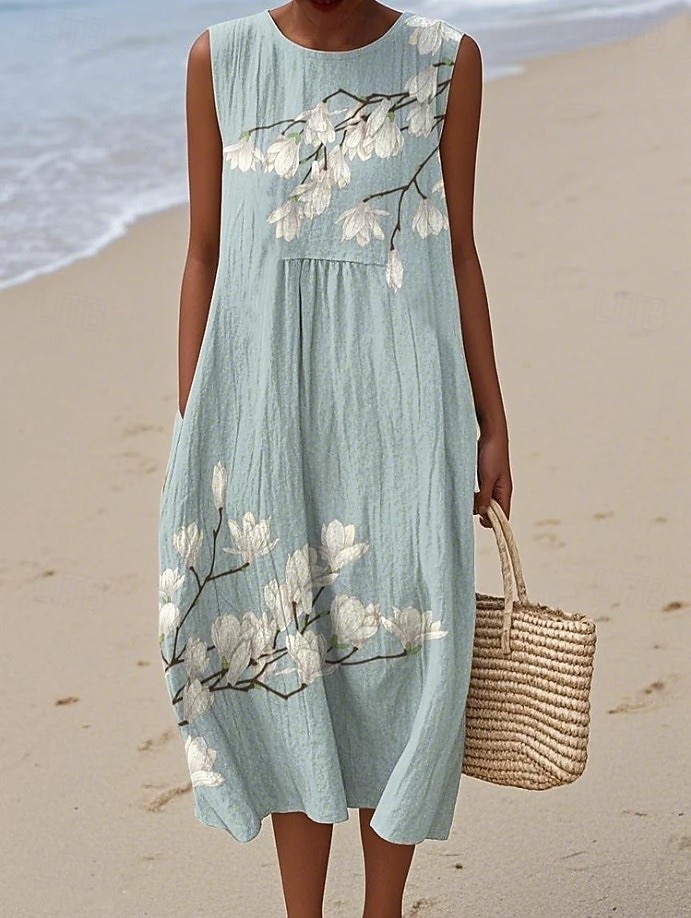Women's Midi Dress Linen Like Sundress Shift Dress Vacation Casual Boho Party Beach Floral Graphic Sleeveless Crewneck Black Green Blue White Pink Red Summer Spring 2026 - $16.49 –P4