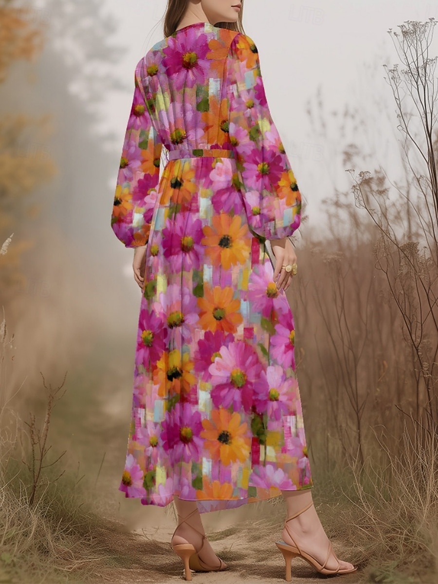 Damen Midikleid Freizeitkleid Chiffon Schwingkleid Modern Urlaub Täglich Wochenende Normale Passform Blumen Karomuster Langarm V Ausschnitt Rosa Fuchsie Grün Sommer Frühling Herbst 2025 - $31.99 –P2