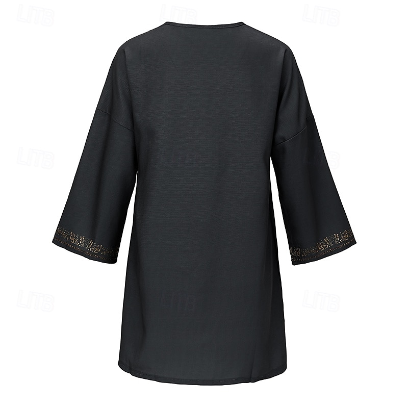 Femmes Chemises en coton et lin Chemisier occidental Uni Bohème ancien Boho manche longue Col en V Hauts Longs Quotidien Fête Patchwork Gris foncé Été de 2025 ? $21.99 –P5